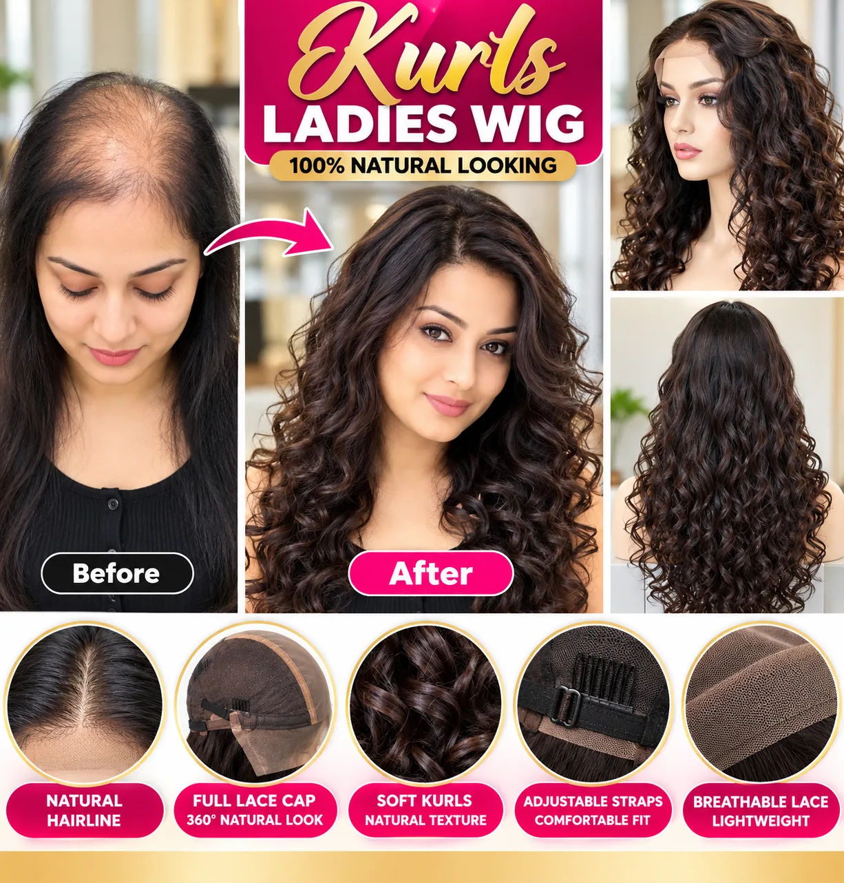 Supplied promotional illustration showing curly women’s wig styles